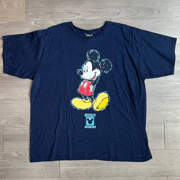Disney Other - Vtg 90s Mickey Mouse Mickey Unlimited Graphic T-Shirt Navy Blue Disney Size 2XL